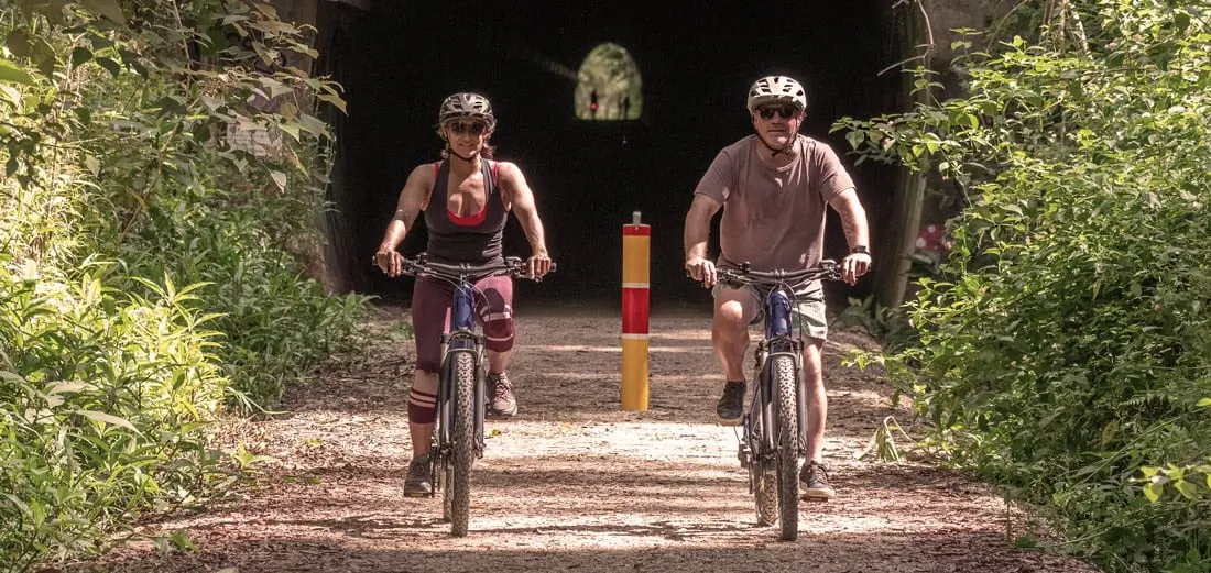 coming out of the norther rivers rail trail tunnel on an e-bike